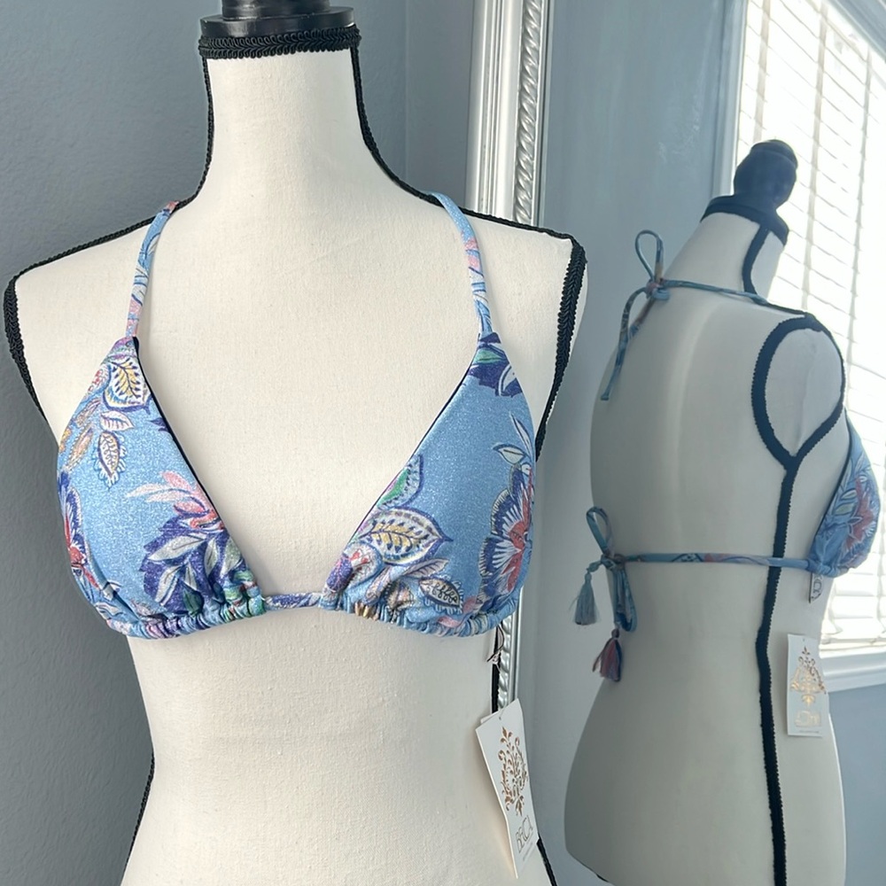 BECCA triangle string bikini swim top with tassel detail. Blue floral shimmer. L